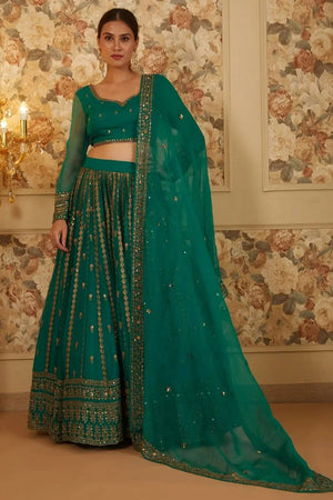 Green Floral Embroidered Organza Lehenga