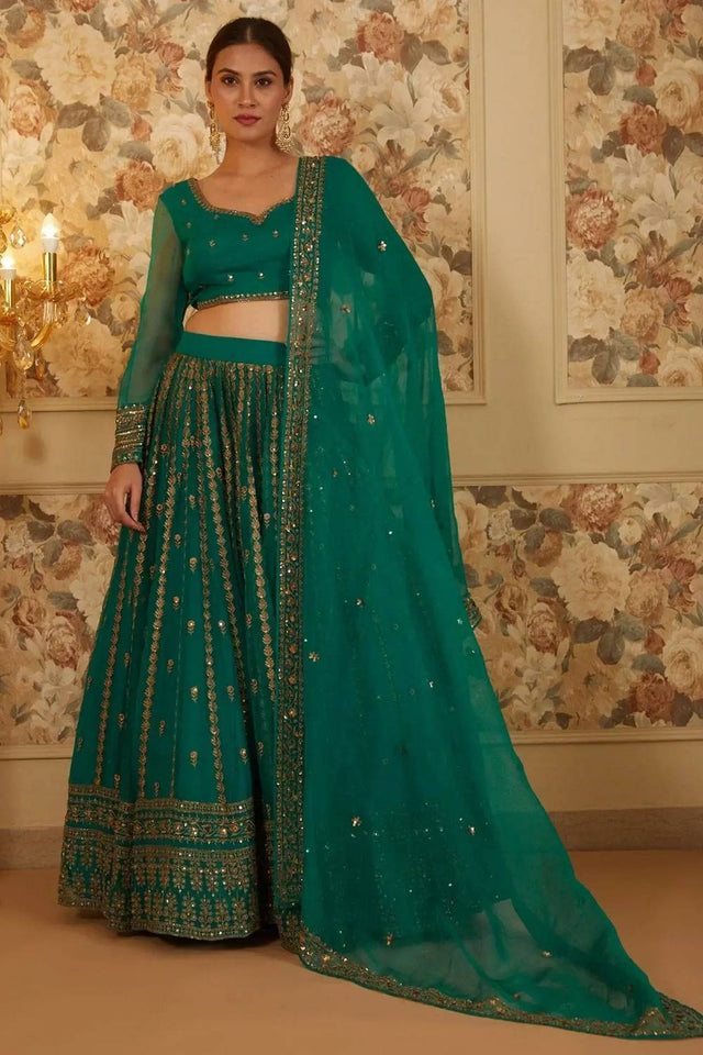 Green Floral Embroidered Organza Lehenga