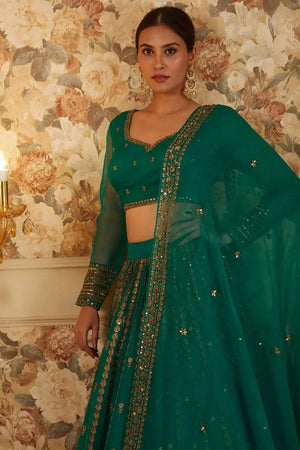 Green Floral Embroidered Organza Lehenga