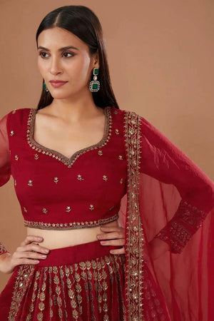 Red Floral Embroidered Organza Lehenga