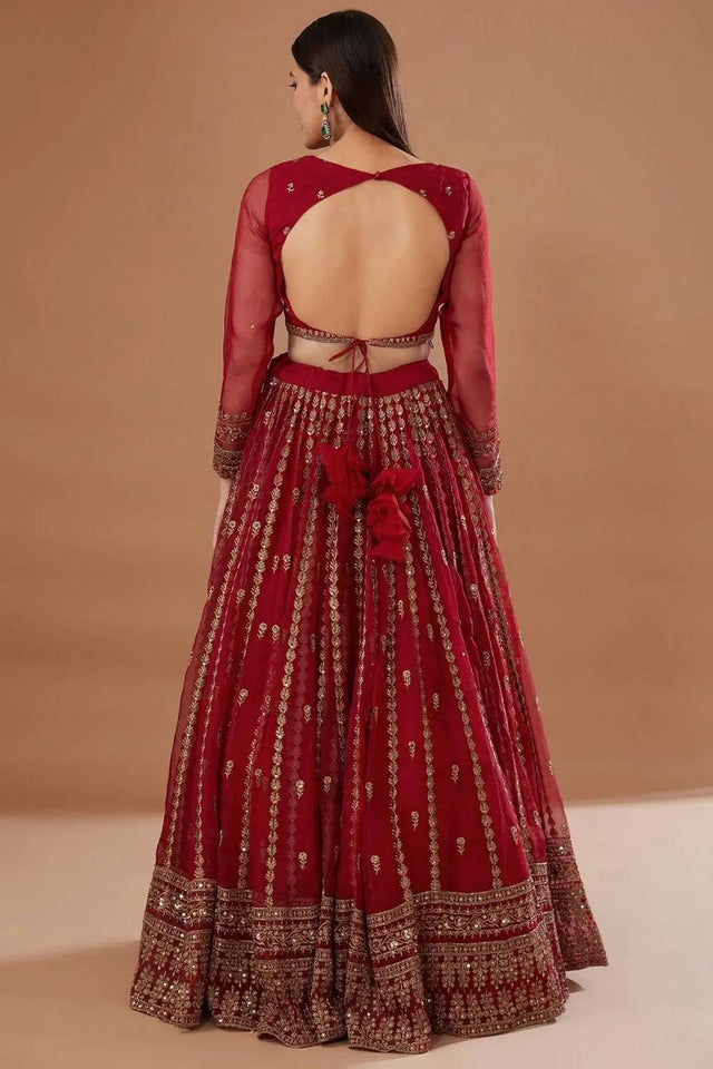 Red Floral Embroidered Organza Lehenga