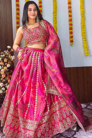 Pink Floral Printed Organza Lehenga
