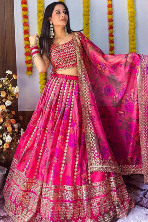 Pink Floral Printed Organza Lehenga