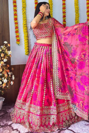 Pink Floral Printed Organza Lehenga