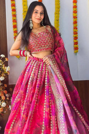 Pink Floral Printed Organza Lehenga