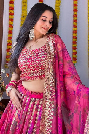 Pink Floral Printed Organza Lehenga