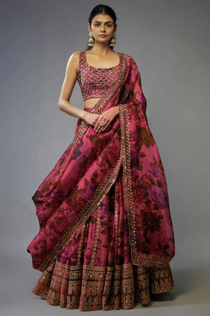 Pink Printed With Zari Work Organza Lehenga (ZCL-7072)