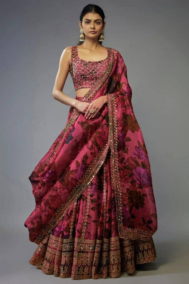 Pink Printed With Zari Work Organza Lehenga (ZCL-7072)