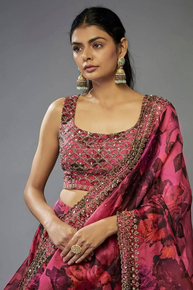 Pink Printed With Zari Work Organza Lehenga (ZCL-7072)