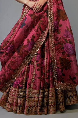 Pink Printed With Zari Work Organza Lehenga (ZCL-7072)