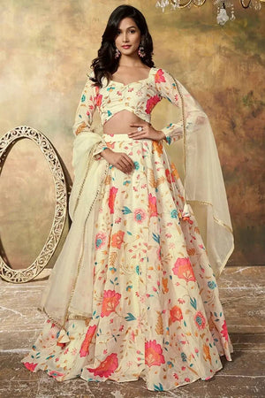 Beige Floral Printed Organza Lehenga