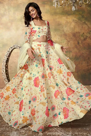 Beige Floral Printed Organza Lehenga
