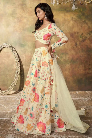 Beige Floral Printed Organza Lehenga