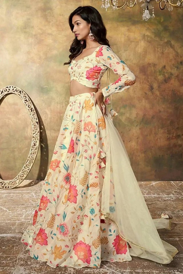 Beige Floral Printed Organza Lehenga