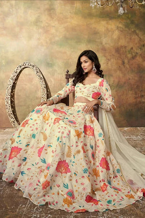 Beige Floral Printed Organza Lehenga