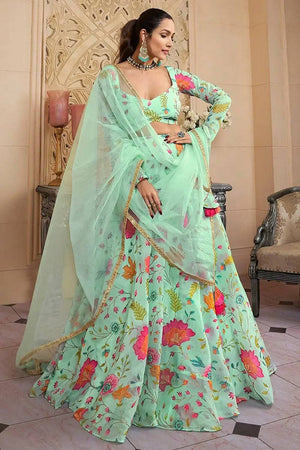 Green Floral Printed Organza Lehenga