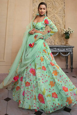 Green Floral Printed Organza Lehenga