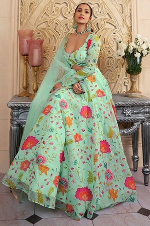 Green Floral Printed Organza Lehenga