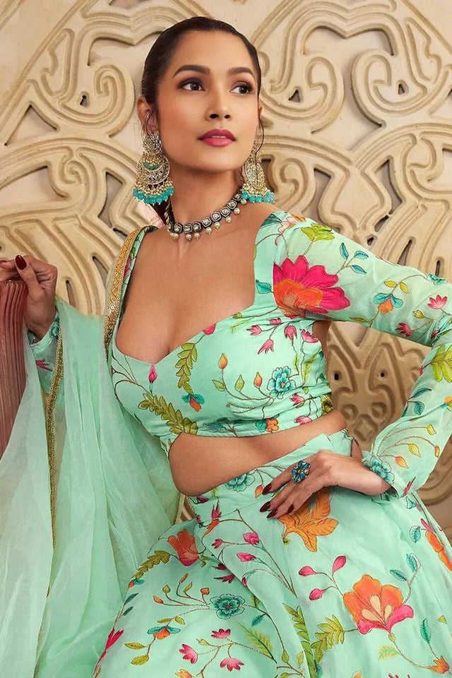 Green Floral Printed Organza Lehenga