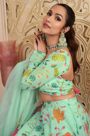 Green Floral Printed Organza Lehenga