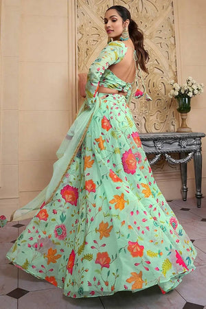 Green Floral Printed Organza Lehenga