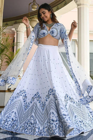 White Floral Printed Net Lehenga