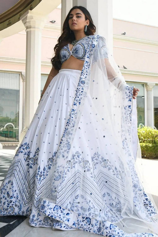 White Floral Printed Net Lehenga