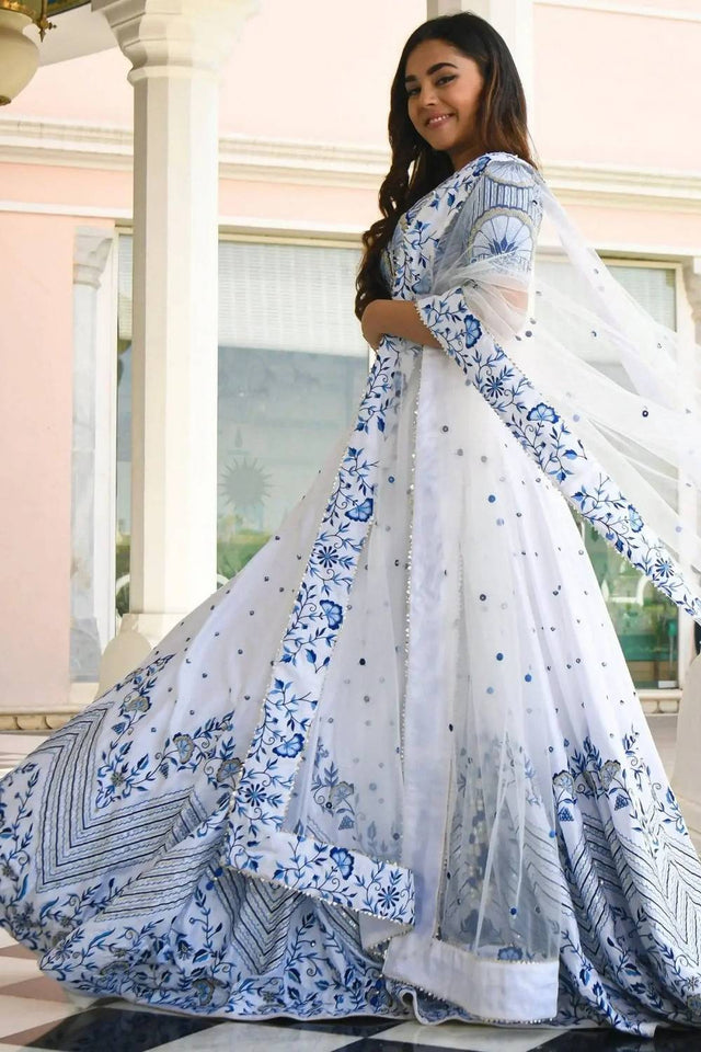 White Floral Printed Net Lehenga