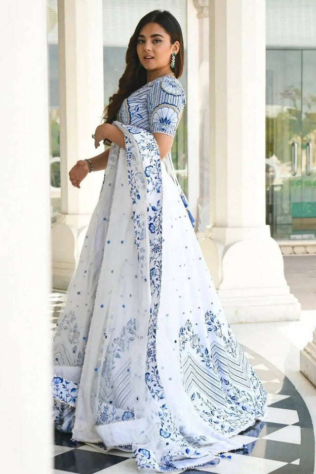 White Floral Printed Net Lehenga