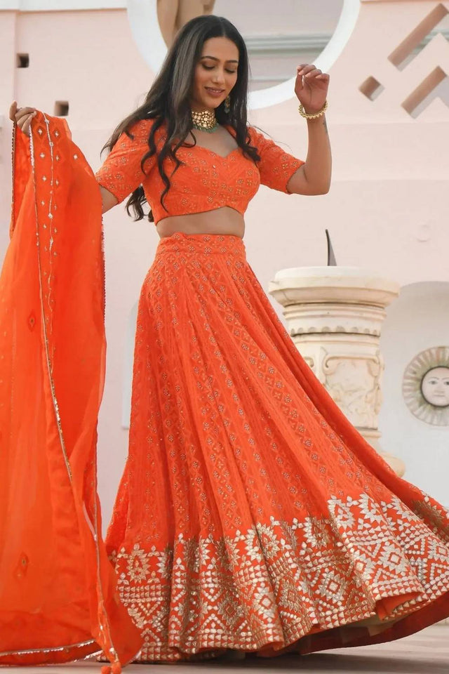 Orange Floral Embroidered Georgette Lehenga
