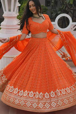 Orange Floral Embroidered Georgette Lehenga