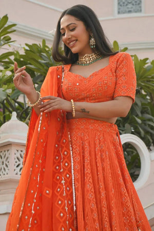 Orange Floral Embroidered Georgette Lehenga