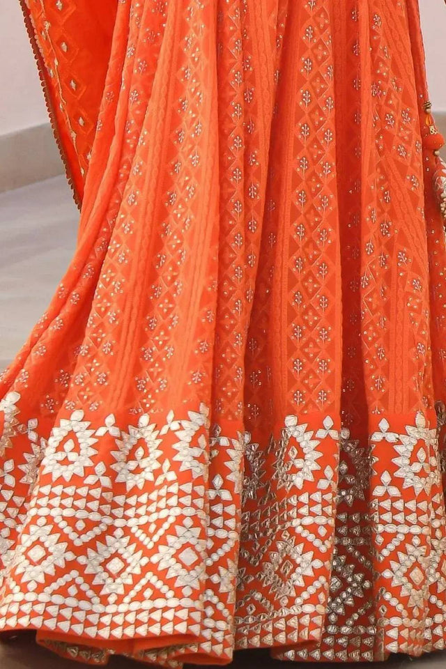 Orange Floral Embroidered Georgette Lehenga