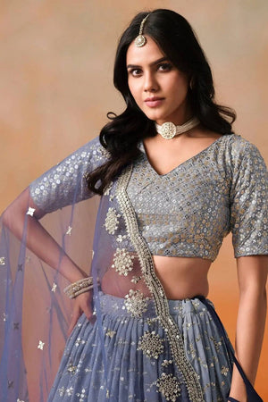 Blue Sequin Georgette Lehenga