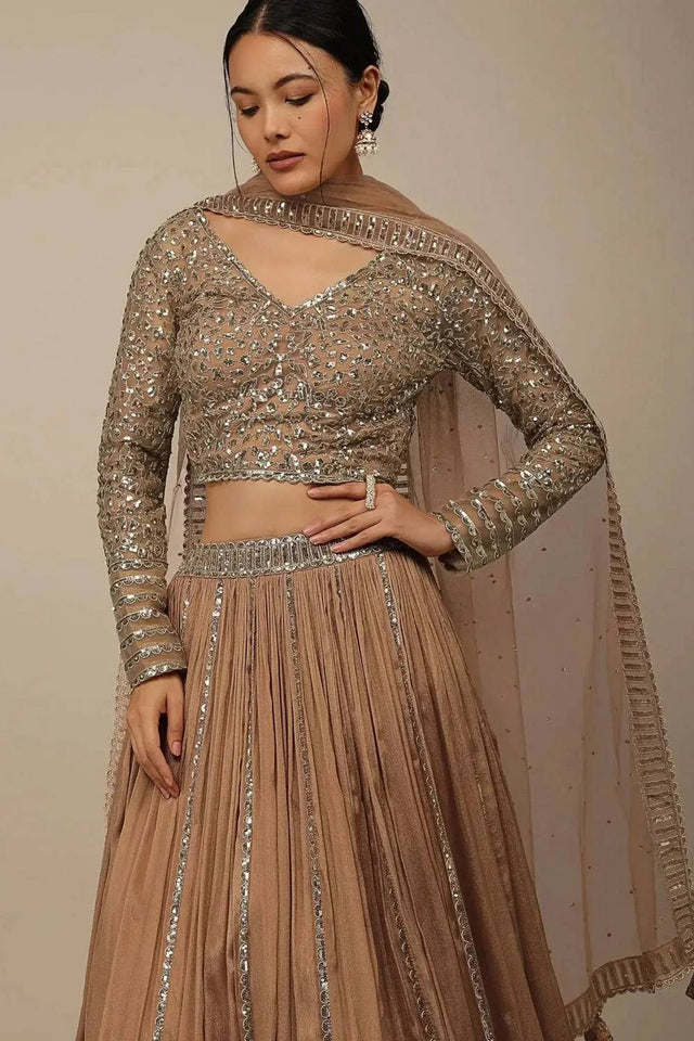 Beige Solid Georgette Lehenga