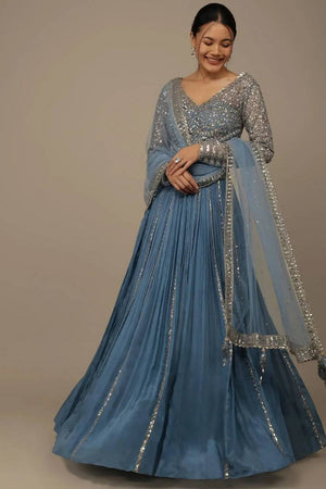 Blue Solid Georgette Lehenga