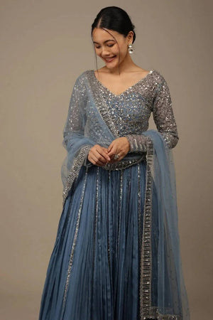 Blue Solid Georgette Lehenga