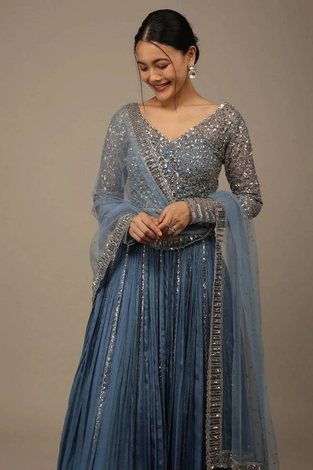 Blue Solid Georgette Lehenga