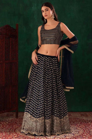 Navy Blue Floral Embroidered Georgette Lehenga