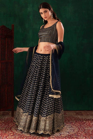 Navy Blue Floral Embroidered Georgette Lehenga