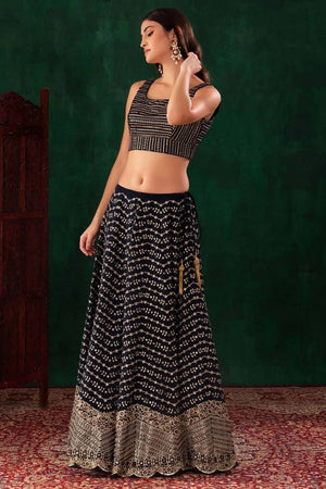 Navy Blue Floral Embroidered Georgette Lehenga