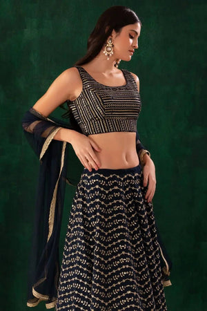Navy Blue Floral Embroidered Georgette Lehenga