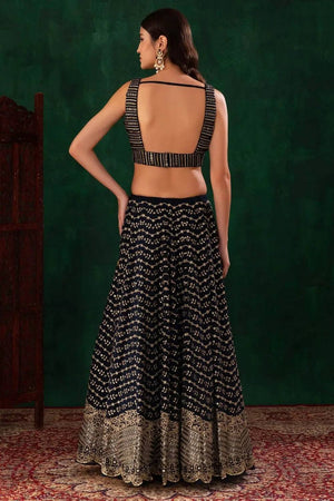 Navy Blue Floral Embroidered Georgette Lehenga