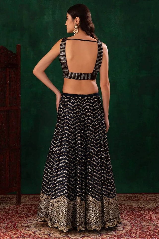 Navy Blue Floral Embroidered Georgette Lehenga