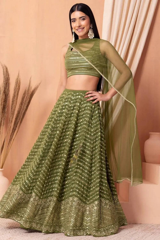 Green Floral Embroidered Georgette Lehenga