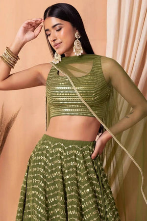 Green Floral Embroidered Georgette Lehenga