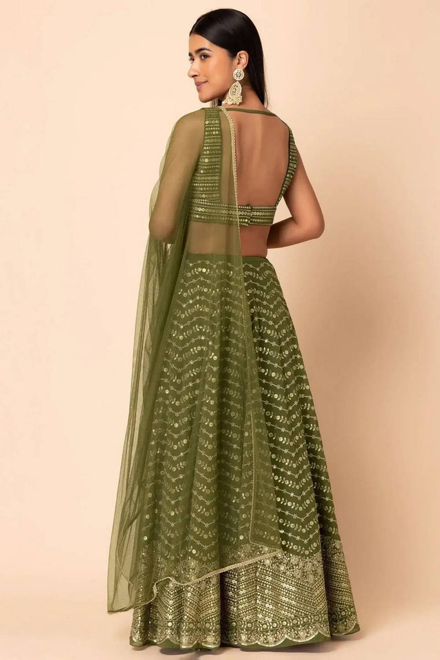 Green Floral Embroidered Georgette Lehenga