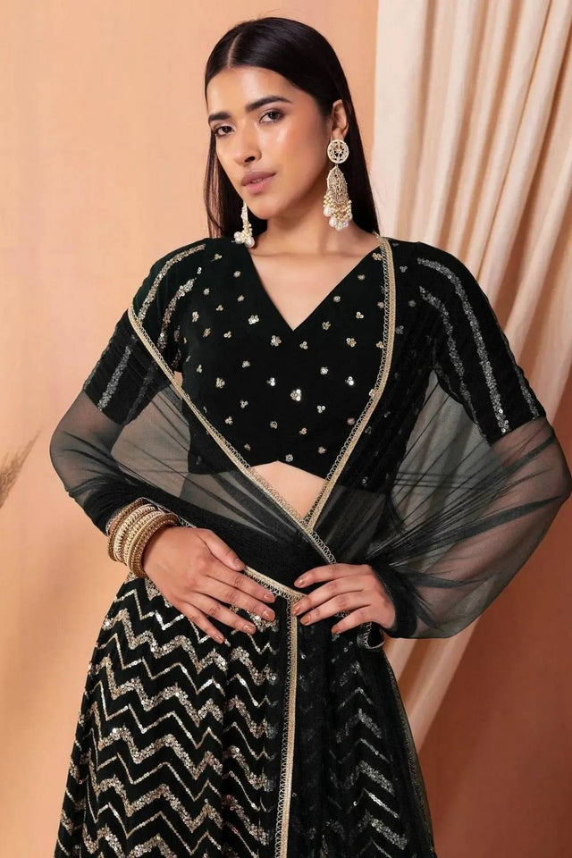 Black Sequin Georgette Lehenga