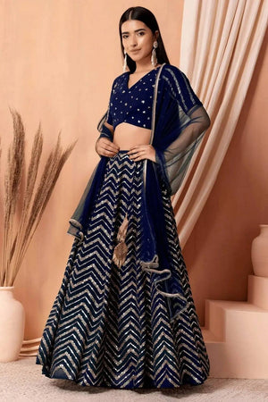 Navy Blue Sequin Georgette Lehenga