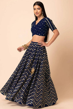 Navy Blue Sequin Georgette Lehenga